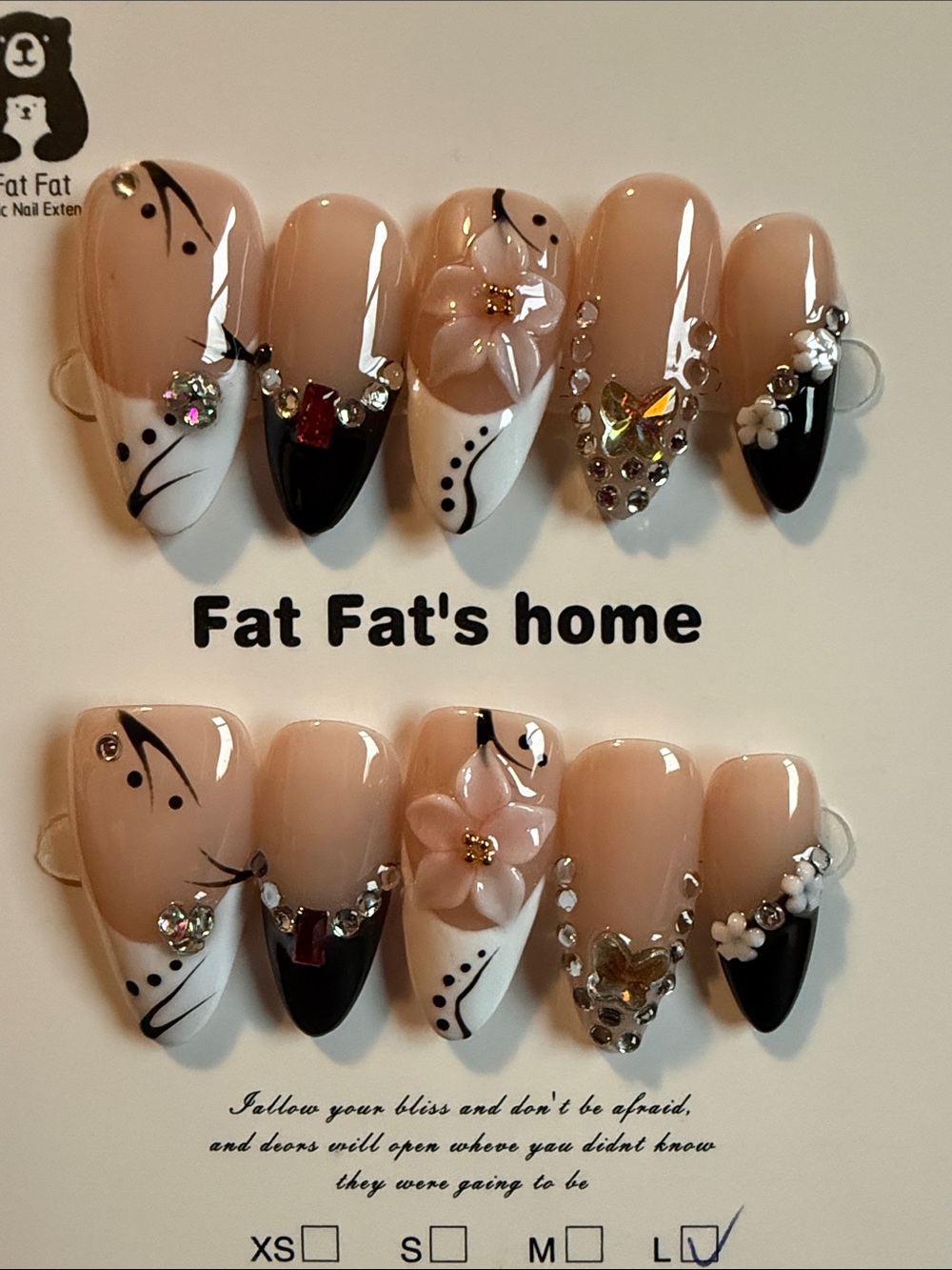 Nude & Black Floral Rhinestone Press-On Nails